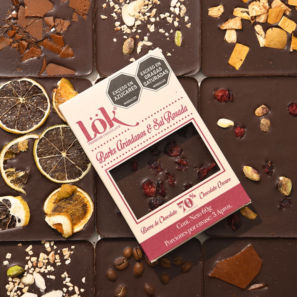 BARK DE CHOCOLATE LOK 70% ARANDANOS & SAL ROSADA - 60 G