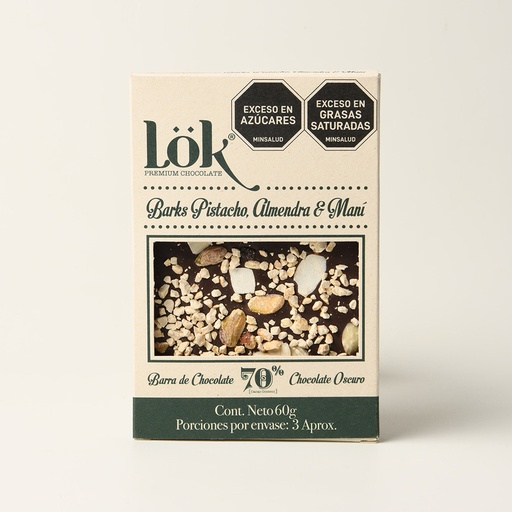 Bark  de chocolate 70% cacao con pistacho, almendra y maní - 60 g
